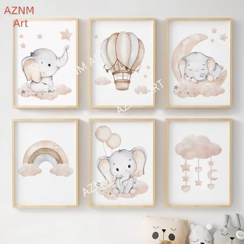 Baby Nursery Fabric - Pôsteres de elefante, balão, arco-íris, lua,