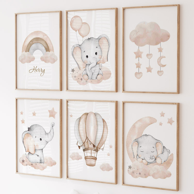 Baby Nursery Modern - Elefante bonito balão quente lua arco-íris