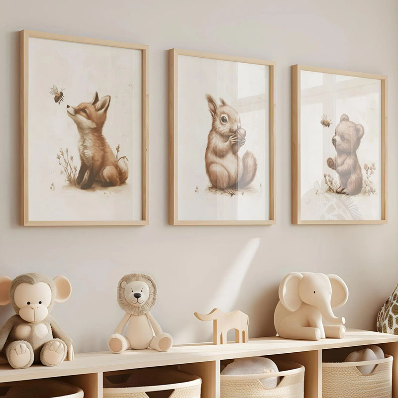 Baby Nursery Modern - Pôster de Animais Urso Coelho Raposa